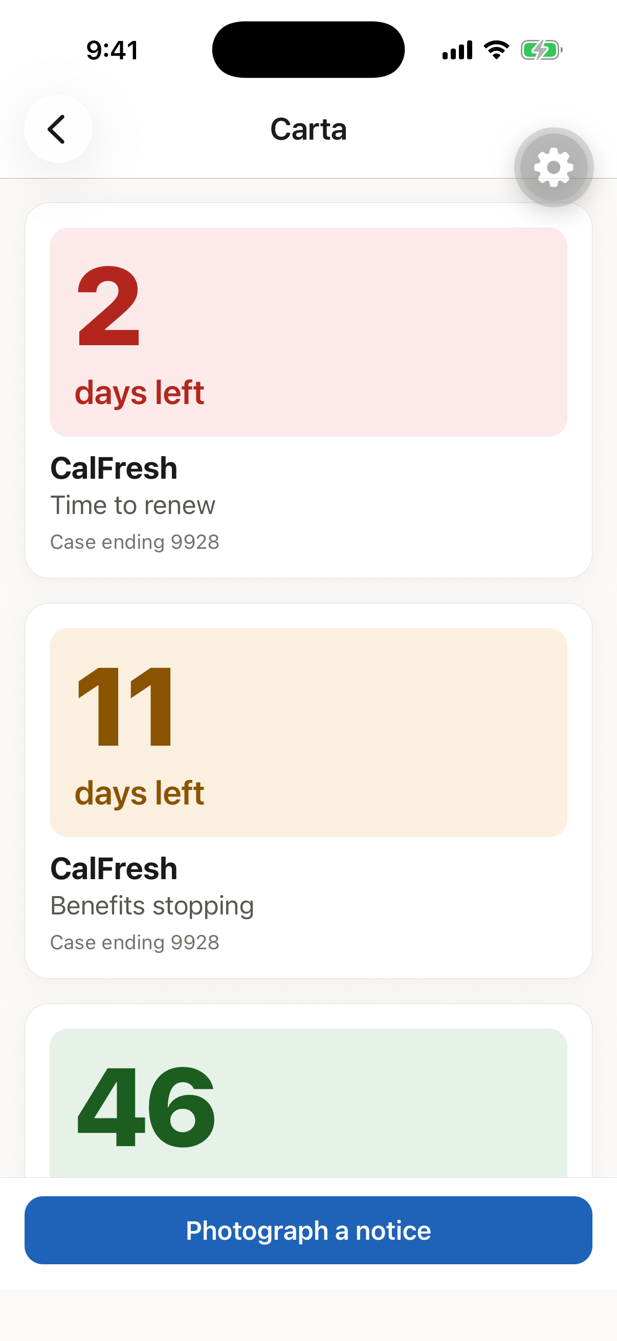 Carta's home screen, listing benefits notices as countdown cards. A red card reads 2 days left for a CalFresh renewal, an amber card reads 11 days left for benefits stopping, and a green card below shows 46.
