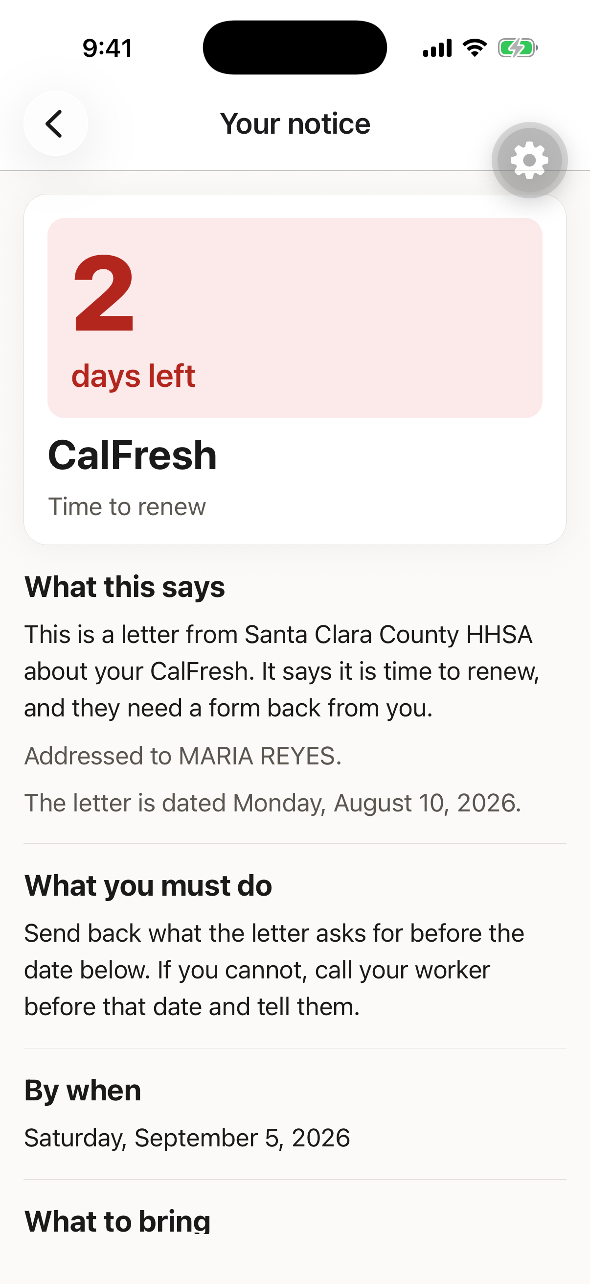 Carta's notice detail screen, breaking a CalFresh letter into plain language sections headed What this says, What you must do, By when, and What to bring, with the deadline given as Saturday, September 5, 2026.